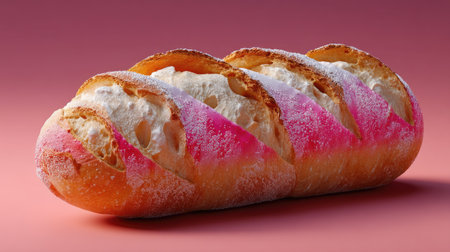 This enchanting photograph features a colorful sweet bread with a creamy filling, beautifully presented against a soft pink background. Perfect for bakery promotions.の素材
