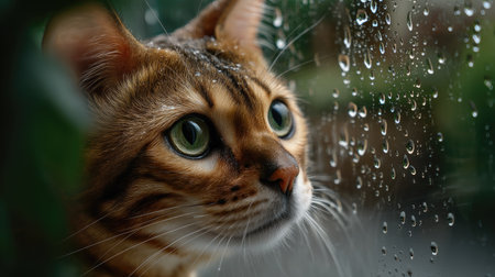 A captivating close-up of a curious cat staring through a rain-kissed window, showcasing its expressive green eyes and delicate fur against a tranquil backdrop.の素材