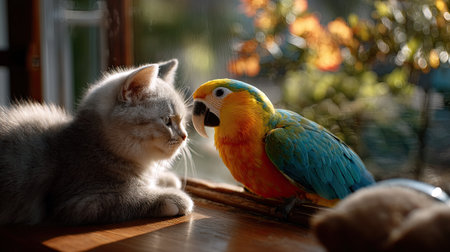 A delightful scene where a curious cat meets a vibrant parrot, showcasing the bond between domestic pets and their captivating personalities in a cozy home setting.の素材