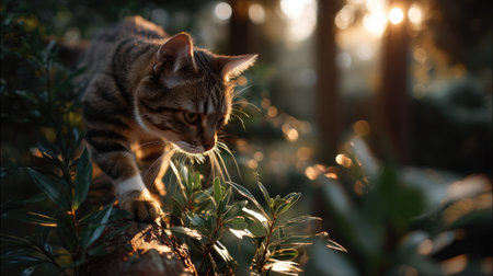 A curious cat explores a sunlit woodland, gracefully navigating through lush greenery and creating a serene atmosphere with beautiful bokeh effects in the background.の素材