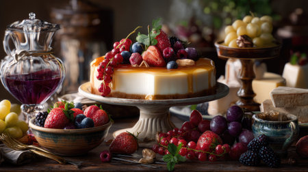 A stunning presentation of a gourmet cheesecake topped with fresh berries and fruits, set on a rustic table. The rich colors and textures invite indulgence.の素材