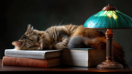 A peaceful scene featuring a fluffy cat sleeping atop a stack of books. A vintage lamp casts a warm glow, enhancing the cozy ambiance of the indoor setting.の素材