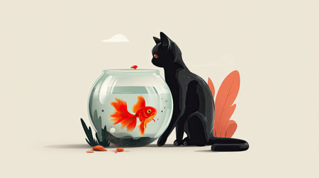 A serene illustration of a black cat curiously watching a goldfish in a round aquarium, surrounded by plants. This art piece captures a moment of companionship and tranquility.の素材
