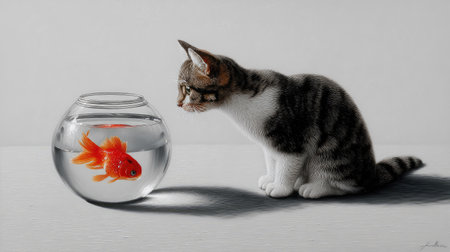 A curious cat intently observes a goldfish swimming in its bowl. This playful moment captures the interaction between two different species in a minimalist and artistic environment.の素材