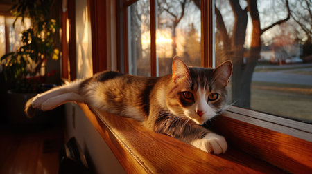 A charming cat stretches gracefully on a sunlit windowsill, basking in the warm glow of the sunset. The soft light creates a peaceful atmosphere, perfect for a cozy home setting.の素材