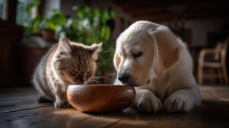 A heartwarming scene of a playful kitten and a charming puppy sharing a moment near a wooden bowl, showcasing their bond and love for each other in a warm, inviting indoor space.の素材