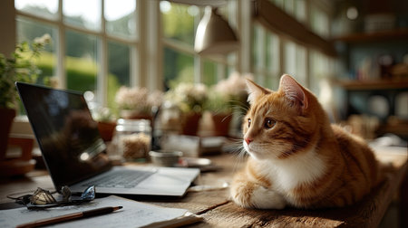 A serene scene featuring an orange tabby cat resting on a rustic wooden desk, with a laptop nearby, surrounded by lush plants and bright sunlight.の素材