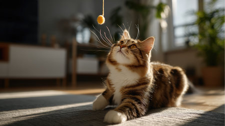 A playful tabby cat is captivated by a dangling toy in a sunlit living room, showcasing a serene and joyful moment of feline curiosity and fun.の素材