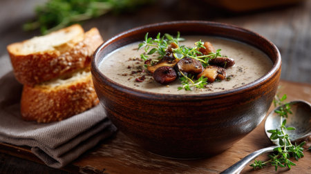 A delicious bowl of creamy mushroom soup garnished with fresh herbs and served with slices of bread, perfect for a cozy dining experience.の素材