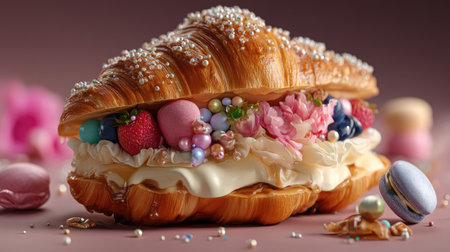 A visually stunning pastry display featuring a croissant filled with rich cream and an array of colorful fruits and candies, perfect for a celebration.の素材