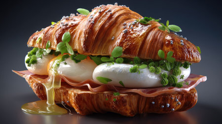 A beautifully styled gourmet croissant sandwich featuring poached eggs, ham, and fresh herbs, perfect for breakfast or brunch lovers seeking delicious flavors.の素材