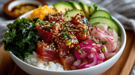 A vibrant poke bowl featuring fresh tuna, seaweed, cucumbers, and sesame seeds served over rice. Perfect for healthy eating and food lovers.の素材