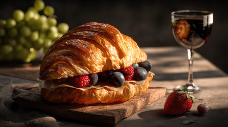 A beautifully arranged croissant filled with fresh berries and cream, paired with a glass of red wine, setting an elegant rustic mood perfect for gourmet food photography.の素材