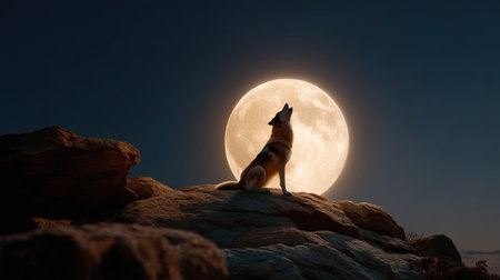A stunning scene of a majestic wolf howling at a bright full moon, set against a clear night sky, highlighting the beauty of nature and wildlife.の素材