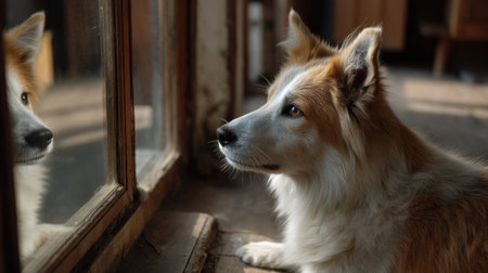A serene moment featuring a dog gazing out a window, immersed in peaceful reflection. Soft sunlight bathes the cozy interior, creating a tranquil atmosphere.の素材