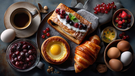 An enticing breakfast spread featuring a variety of baked goods, fresh fruits, and a steaming cup of coffee on a rustic table, perfect for a morning feast.の素材