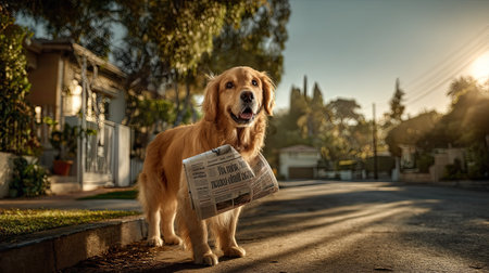 A cheerful golden retriever carries a newspaper in its mouth while strolling down a serene neighborhood street during the warm light of sunset.の素材