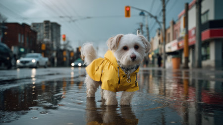 A charming small dog dressed in a bright yellow raincoat stands in a puddle on a busy urban street, capturing a playful moment amid rainy weather.の素材