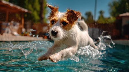 A lively dog bursts through sparkling water in a bright summer pool, showcasing agility and joy amidst splashes, perfect for capturing playful moments.の素材