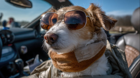 A charming dog sporting sunglasses and a cozy scarf relaxes in a convertible car, embodying joy and adventure on a sunny day.の素材