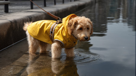A charming dog wearing a bright yellow raincoat wades through shallow water in an urban setting, embodying joy and cuteness in its playful pose.の素材