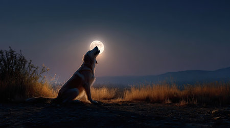 A golden retriever sits on a hill, howling at the mesmerizing full moon. The tranquil twilight sky creates a serene backdrop, evoking emotion and beauty in nature.の素材