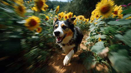 A joyful dog dashes through a lush field of vibrant sunflowers, showcasing the beauty of nature and the spirit of adventure on a sunny day.の素材