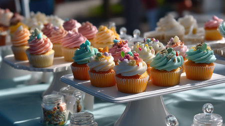 A vibrant display of colorful cupcakes with various toppings and frostings at an outdoor event. Perfect for celebrations, parties, and gatherings!の素材