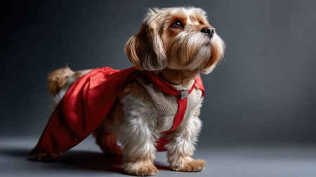 This charming small dog poses heroically in a vibrant superhero costume, showcasing its unique personality against a dramatic studio backdrop.の素材