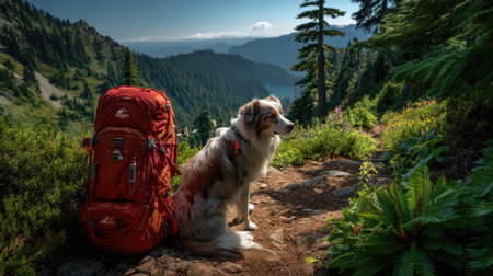 A loyal dog relaxes beside a bright orange backpack on a rugged mountain trail, capturing the essence of adventure and the beauty of nature.の素材