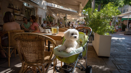 A charming white dog comfortably relaxes in a stroller at a lively outdoor cafe, surrounded by diners enjoying their summer day in a vibrant atmosphere.の素材