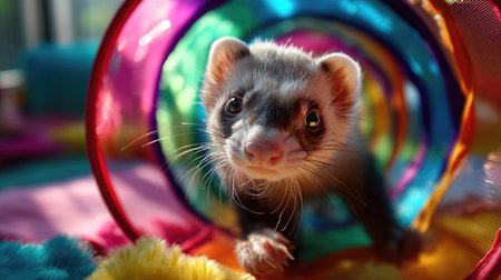 A cheerful ferret joyfully explores a colorful tunnel in a bright indoor environment, capturing the essence of playful pet moments.の素材