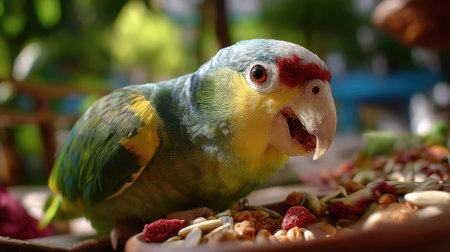A close-up view of a vibrant parrot happily eating a colorful variety of food in a lush outdoor setting, showcasing its bright plumage and cheerful demeanor.の素材