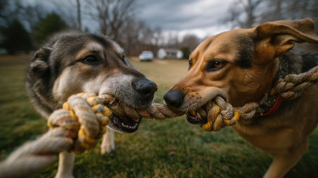 Two joyful dogs playing tug-of-war with a rope in a grassy yard, showcasing playful interaction and companionship under a cloudy sky.の素材