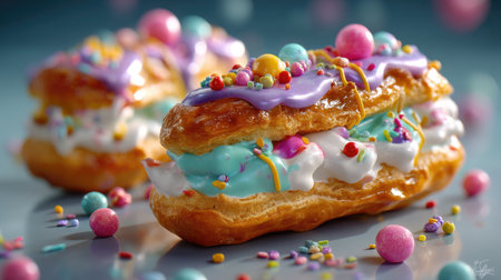 This vibrant pastry features layers of fluffy cream and colorful icing adorned with cheerful sprinkles, perfect for celebrations and joyful moments.の素材