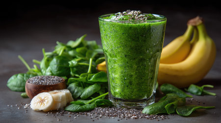Delicious and healthy green smoothie featuring fresh spinach, ripe bananas, and chia seeds, perfect for a nutritious boost and energizing refreshment.の素材
