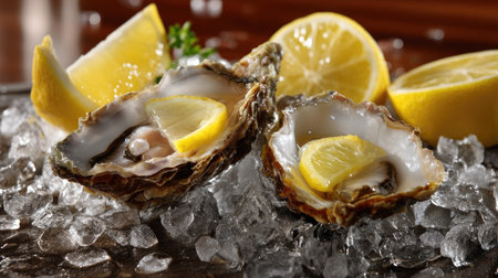 Delight in the tantalizing presentation of fresh oysters served on ice, garnished with vibrant lemon slices. This gourmet seafood delicacy is perfect for any dining occasion.の素材