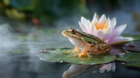 A tranquil scene featuring a frog perched on a lily pad beside a beautiful water flower, enveloped in soft morning mist, exemplifying natural beauty.の素材