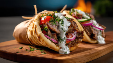 A mouthwatering grilled meat wrap featuring tender meat, fresh vegetables, and a creamy sauce, elegantly presented on a wooden board.の素材