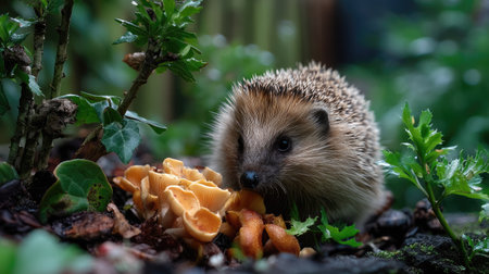 A charming hedgehog explores a vibrant garden, foraging for mushrooms among rich greenery. This close-up captures the essence of wildlife in a natural setting.の素材