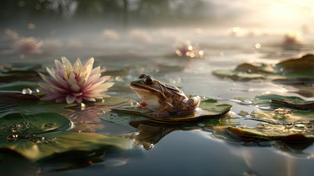 A stunning close-up captures a frog resting on a lily pad surrounded by blooming water lilies. The misty pond at sunrise creates a serene atmosphere filled with tranquility.の素材