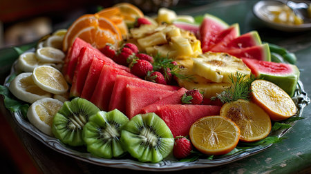 A vibrant and colorful fruit platter featuring slices of watermelon, pineapple, oranges, kiwi, and strawberries, perfect for healthy snacks or summer gatherings.の素材