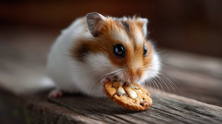 This adorable close-up image features a cute hamster joyfully munching on a cookie, sitting on a rustic wooden surface. Perfect for pet lovers!の素材