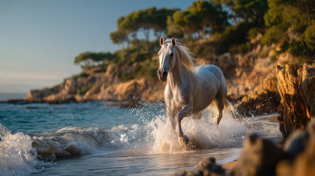 A stunning scene capturing a white horse galloping through the shallow waters of a beach. The golden hour light enhances the serene atmosphere, highlighting the cliffs and lush greenery in the background, creating a perfect blend of nature's beauty and equestrian grace.の素材
