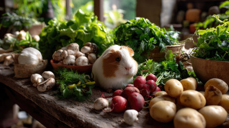 A charming scene featuring a cute guinea pig surrounded by a variety of fresh vegetables and herbs in a rustic kitchen. This image highlights the beauty of healthy eating and the joy of pet companionship, perfect for promoting a lifestyle focused on wellness and nutrition.の素材