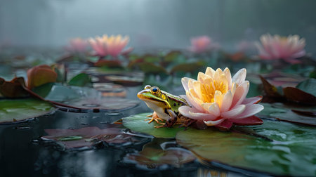 A vivid green frog perches on a water lily in a serene pond, surrounded by soft, dew-kissed blooms. Mist envelops the scene, enhancing tranquility.の素材