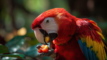 A beautiful scarlet macaw is seen delicately eating a piece of tropical fruit amidst a vibrant green forest, showcasing its stunning plumage and natural habitat.の素材