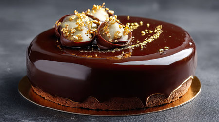 A stunning chocolate cake featuring a glossy glaze and exquisite decorative toppings, ideal for desserts, baking showcases, and special occasions.の素材