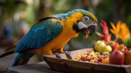 A vivid macaw bird enjoying a variety of tropical fruits, set against a backdrop of lush greenery and vibrant flowers, showcasing nature's beauty.の素材