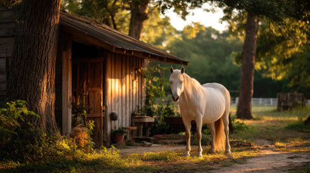 A stunning white horse peacefully stands beside a rustic cabin, bathed in warm sunlight filtering through the trees, capturing the essence of rural tranquility.の素材